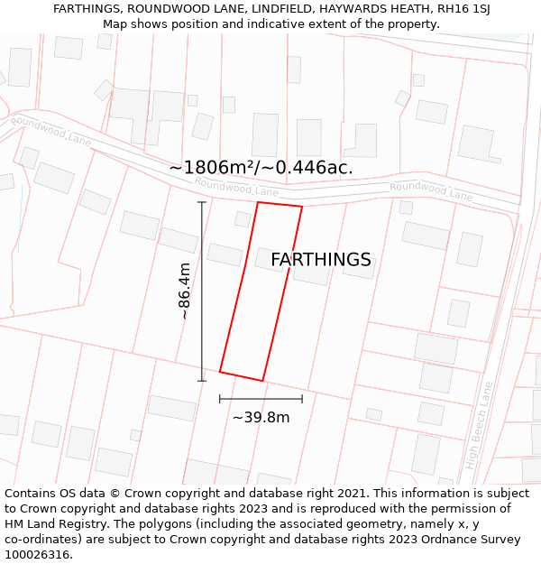 FARTHINGS, ROUNDWOOD LANE, LINDFIELD, HAYWARDS HEATH, RH16 1SJ: Plot and title map