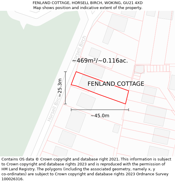 FENLAND COTTAGE, HORSELL BIRCH, WOKING, GU21 4XD: Plot and title map