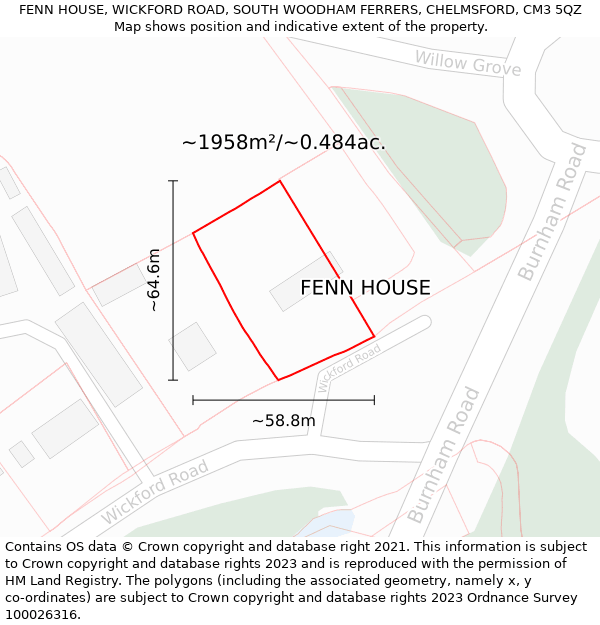 FENN HOUSE, WICKFORD ROAD, SOUTH WOODHAM FERRERS, CHELMSFORD, CM3 5QZ: Plot and title map
