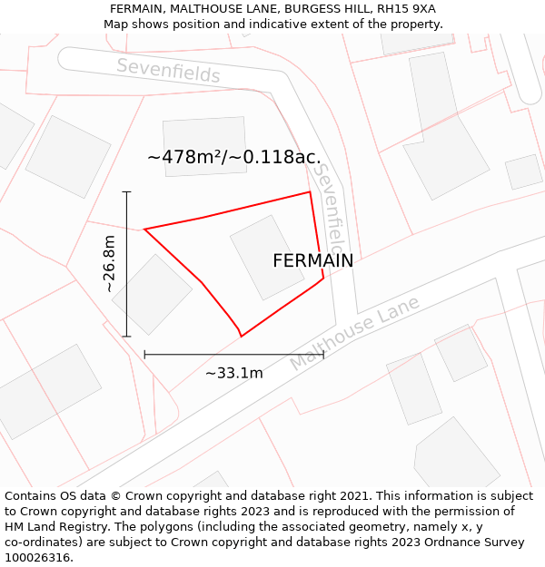 FERMAIN, MALTHOUSE LANE, BURGESS HILL, RH15 9XA: Plot and title map