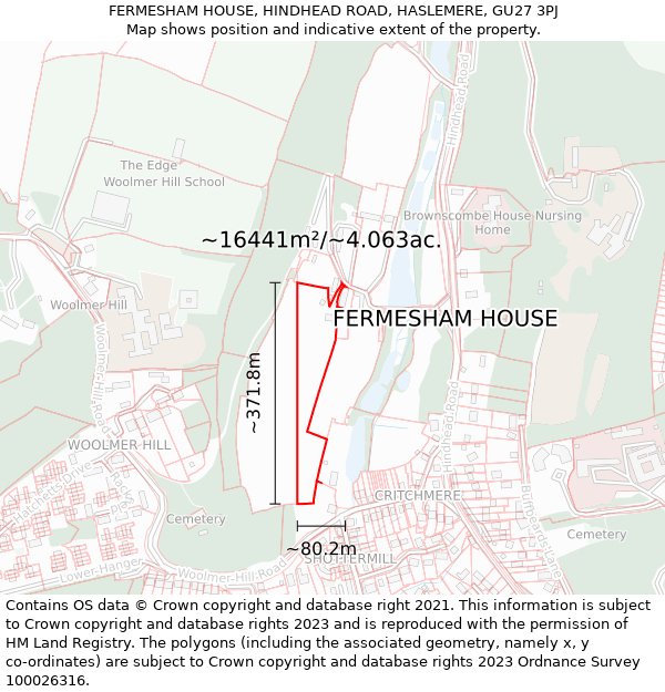 FERMESHAM HOUSE, HINDHEAD ROAD, HASLEMERE, GU27 3PJ: Plot and title map