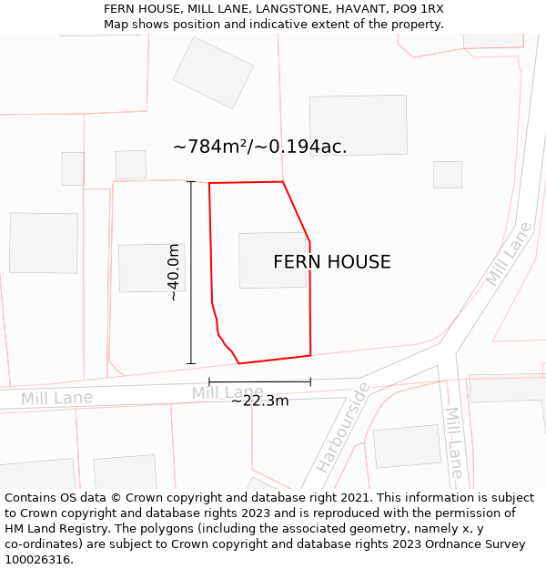 FERN HOUSE, MILL LANE, LANGSTONE, HAVANT, PO9 1RX: Plot and title map