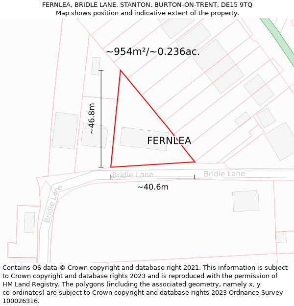 FERNLEA, BRIDLE LANE, STANTON, BURTON-ON-TRENT, DE15 9TQ: Plot and title map