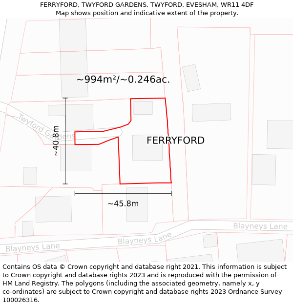 FERRYFORD, TWYFORD GARDENS, TWYFORD, EVESHAM, WR11 4DF: Plot and title map