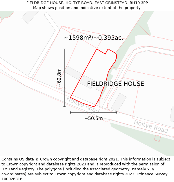 FIELDRIDGE HOUSE, HOLTYE ROAD, EAST GRINSTEAD, RH19 3PP: Plot and title map