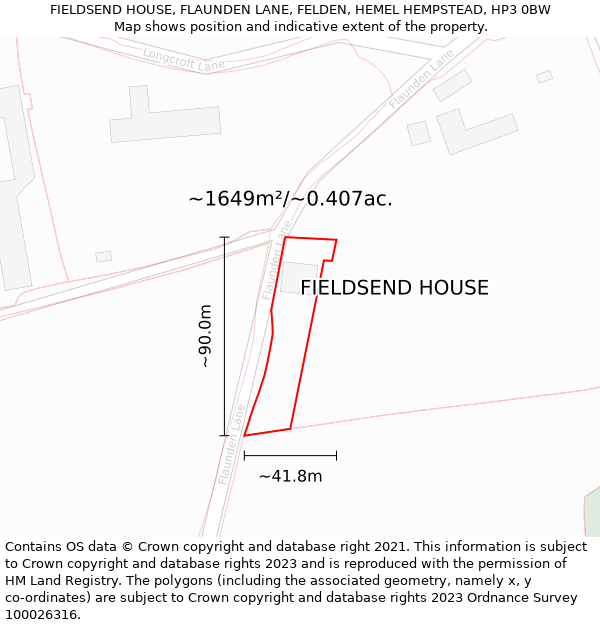 FIELDSEND HOUSE, FLAUNDEN LANE, FELDEN, HEMEL HEMPSTEAD, HP3 0BW: Plot and title map