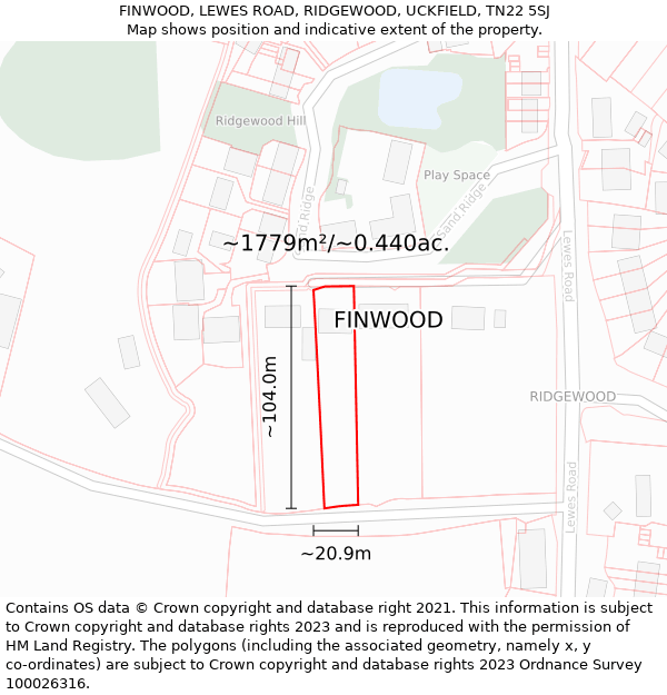 FINWOOD, LEWES ROAD, RIDGEWOOD, UCKFIELD, TN22 5SJ: Plot and title map