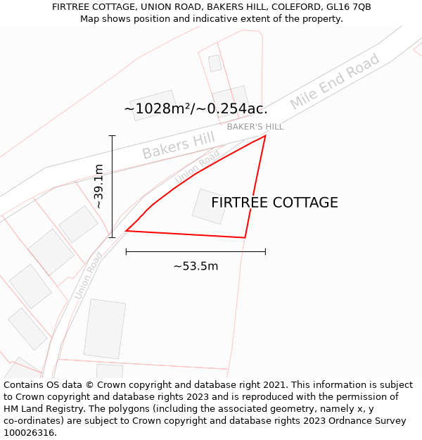 FIRTREE COTTAGE, UNION ROAD, BAKERS HILL, COLEFORD, GL16 7QB: Plot and title map