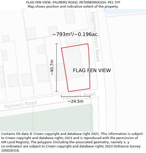 FLAG FEN VIEW, PALMERS ROAD, PETERBOROUGH, PE1 5YF: Plot and title map
