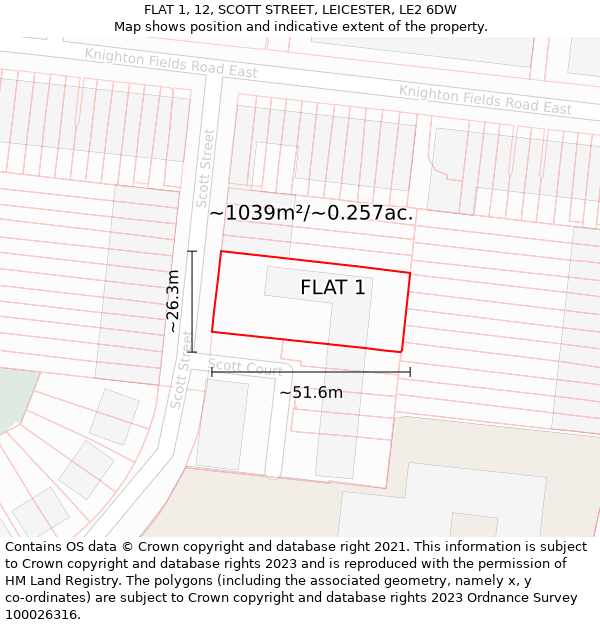 FLAT 1, 12, SCOTT STREET, LEICESTER, LE2 6DW: Plot and title map