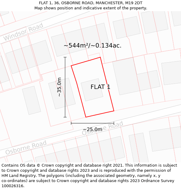 FLAT 1, 36, OSBORNE ROAD, MANCHESTER, M19 2DT: Plot and title map
