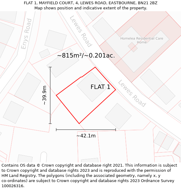 FLAT 1, MAYFIELD COURT, 4, LEWES ROAD, EASTBOURNE, BN21 2BZ: Plot and title map