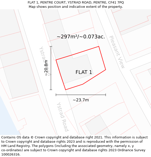 FLAT 1, PENTRE COURT, YSTRAD ROAD, PENTRE, CF41 7PQ: Plot and title map