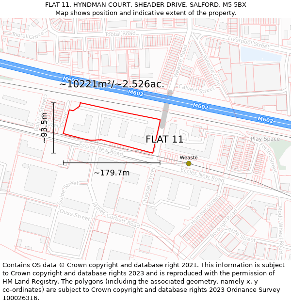 FLAT 11, HYNDMAN COURT, SHEADER DRIVE, SALFORD, M5 5BX: Plot and title map