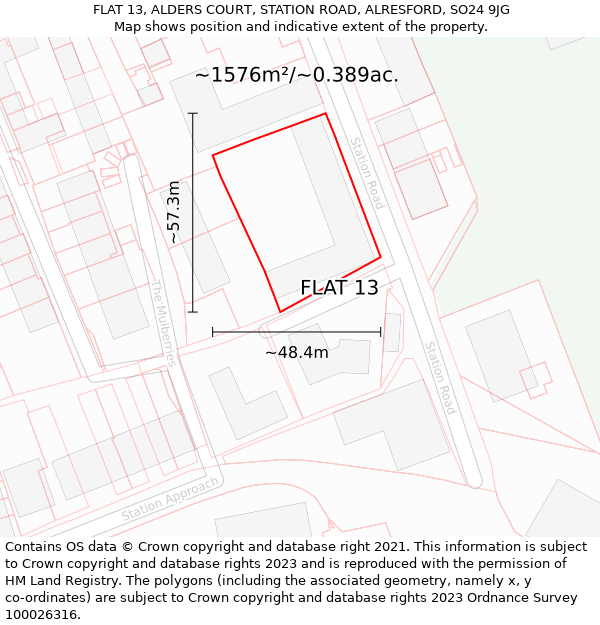 FLAT 13, ALDERS COURT, STATION ROAD, ALRESFORD, SO24 9JG: Plot and title map