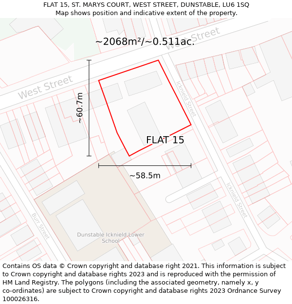 FLAT 15, ST. MARYS COURT, WEST STREET, DUNSTABLE, LU6 1SQ: Plot and title map