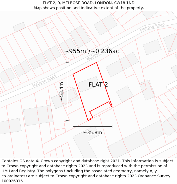 FLAT 2, 9, MELROSE ROAD, LONDON, SW18 1ND: Plot and title map