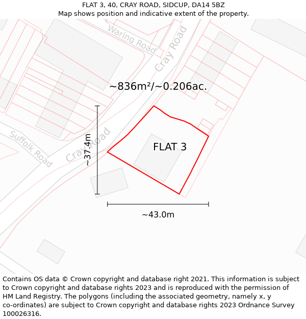 FLAT 3, 40, CRAY ROAD, SIDCUP, DA14 5BZ: Plot and title map