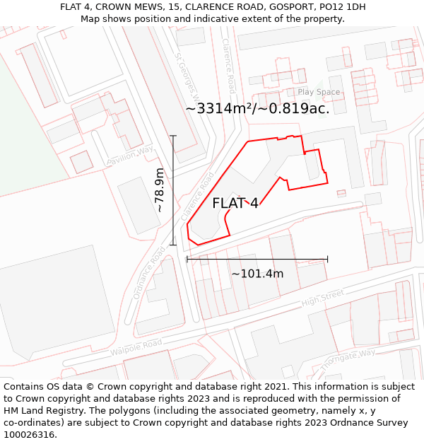 FLAT 4, CROWN MEWS, 15, CLARENCE ROAD, GOSPORT, PO12 1DH: Plot and title map