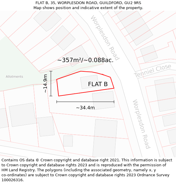FLAT B, 35, WORPLESDON ROAD, GUILDFORD, GU2 9RS: Plot and title map
