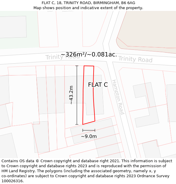 FLAT C, 18, TRINITY ROAD, BIRMINGHAM, B6 6AG: Plot and title map