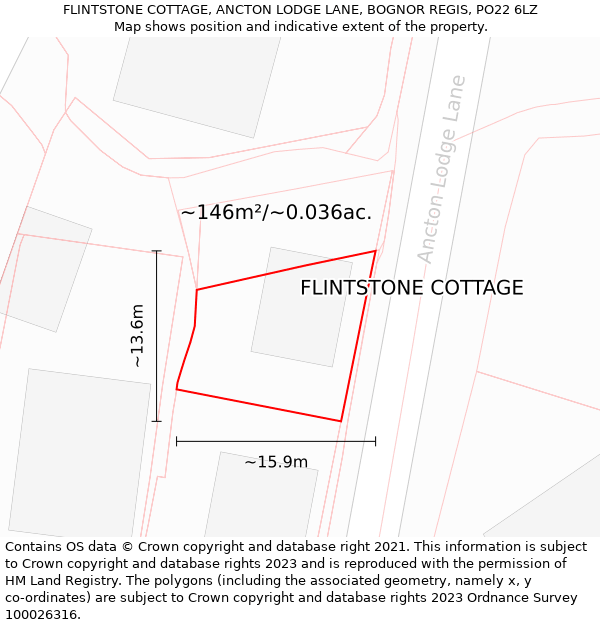 FLINTSTONE COTTAGE, ANCTON LODGE LANE, BOGNOR REGIS, PO22 6LZ: Plot and title map