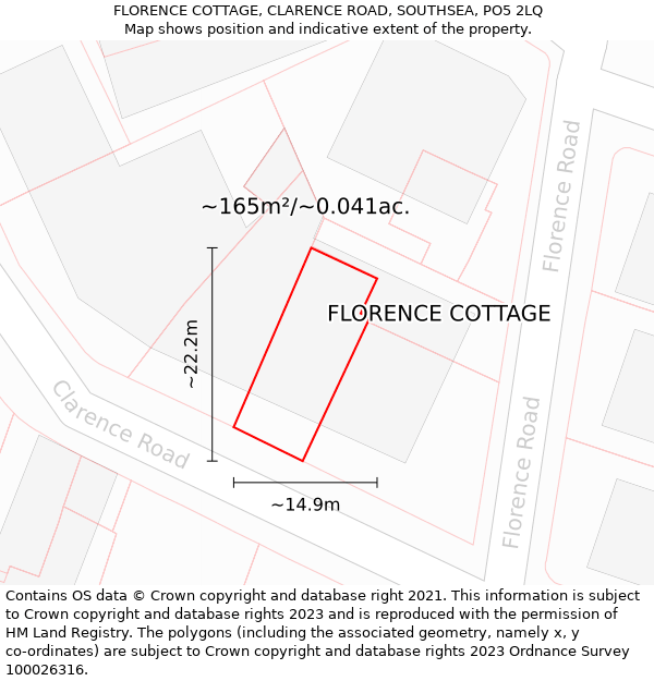 FLORENCE COTTAGE, CLARENCE ROAD, SOUTHSEA, PO5 2LQ: Plot and title map
