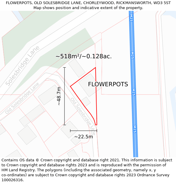 FLOWERPOTS, OLD SOLESBRIDGE LANE, CHORLEYWOOD, RICKMANSWORTH, WD3 5ST: Plot and title map