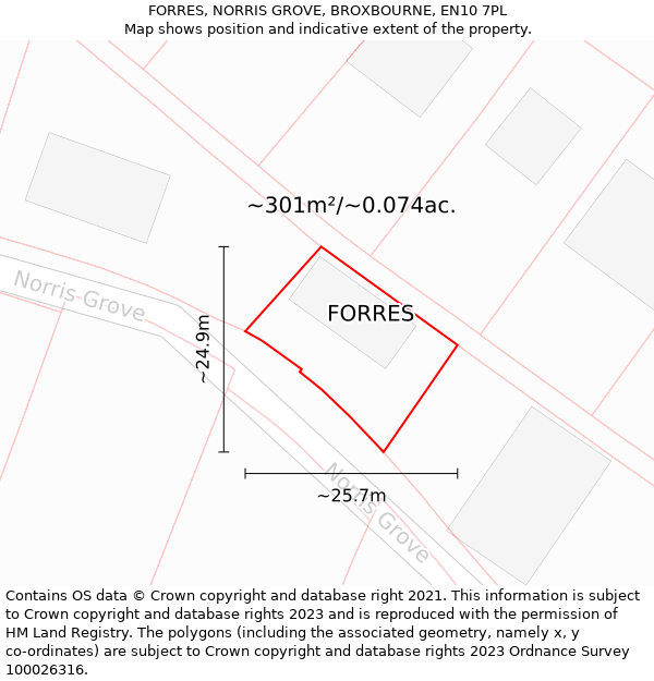 FORRES, NORRIS GROVE, BROXBOURNE, EN10 7PL: Plot and title map