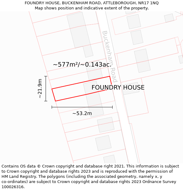 FOUNDRY HOUSE, BUCKENHAM ROAD, ATTLEBOROUGH, NR17 1NQ: Plot and title map