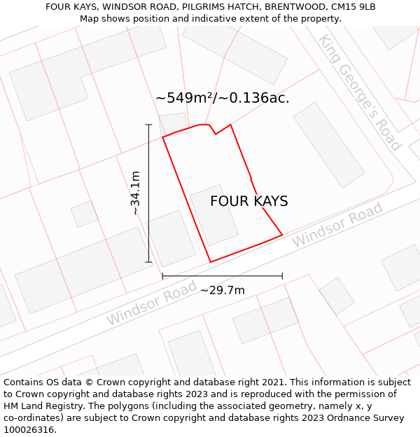 FOUR KAYS, WINDSOR ROAD, PILGRIMS HATCH, BRENTWOOD, CM15 9LB: Plot and title map