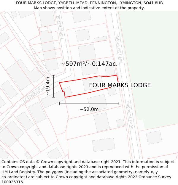 FOUR MARKS LODGE, YARRELL MEAD, PENNINGTON, LYMINGTON, SO41 8HB: Plot and title map