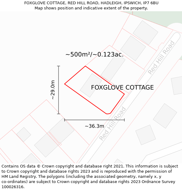 FOXGLOVE COTTAGE, RED HILL ROAD, HADLEIGH, IPSWICH, IP7 6BU: Plot and title map