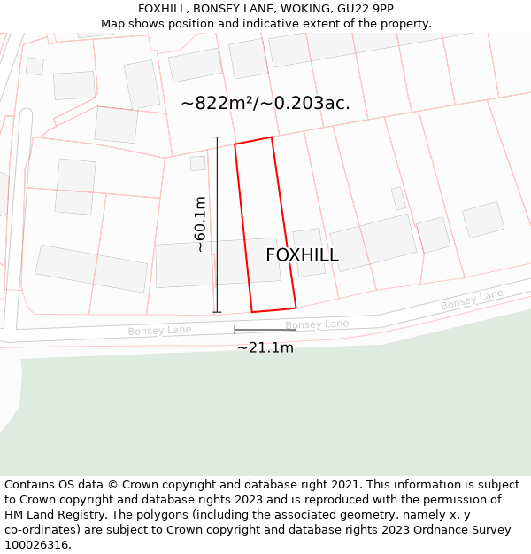 FOXHILL, BONSEY LANE, WOKING, GU22 9PP: Plot and title map