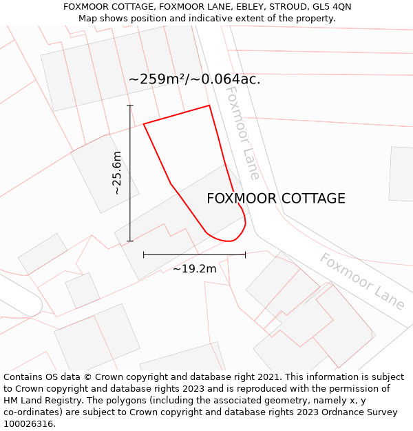 FOXMOOR COTTAGE, FOXMOOR LANE, EBLEY, STROUD, GL5 4QN: Plot and title map