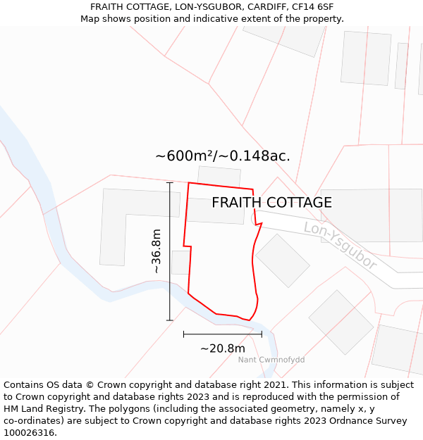 FRAITH COTTAGE, LON-YSGUBOR, CARDIFF, CF14 6SF: Plot and title map