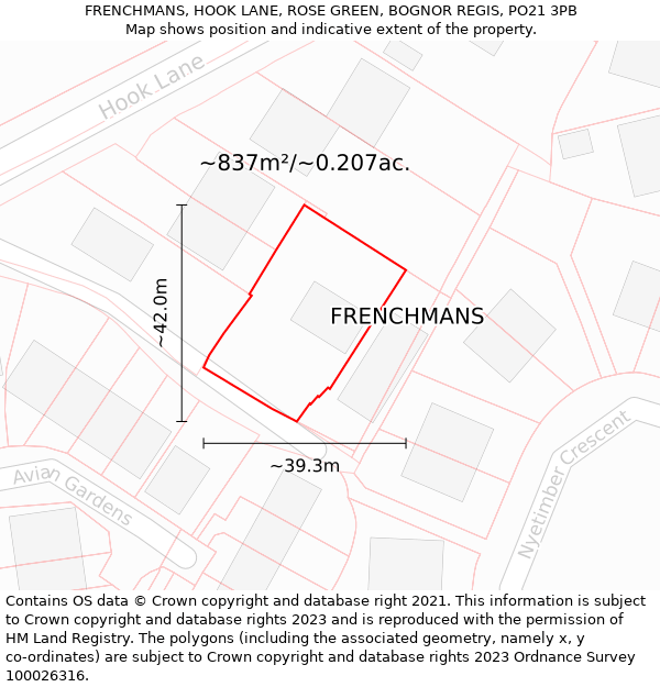 FRENCHMANS, HOOK LANE, ROSE GREEN, BOGNOR REGIS, PO21 3PB: Plot and title map