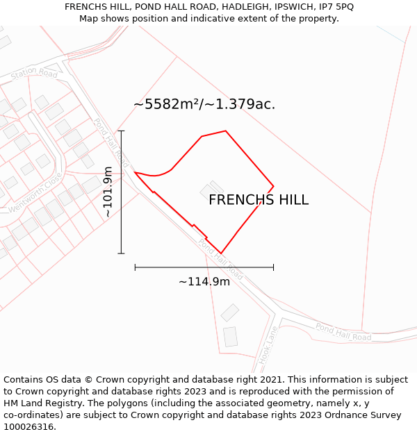 FRENCHS HILL, POND HALL ROAD, HADLEIGH, IPSWICH, IP7 5PQ: Plot and title map