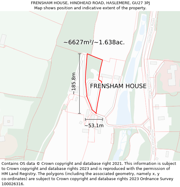 FRENSHAM HOUSE, HINDHEAD ROAD, HASLEMERE, GU27 3PJ: Plot and title map