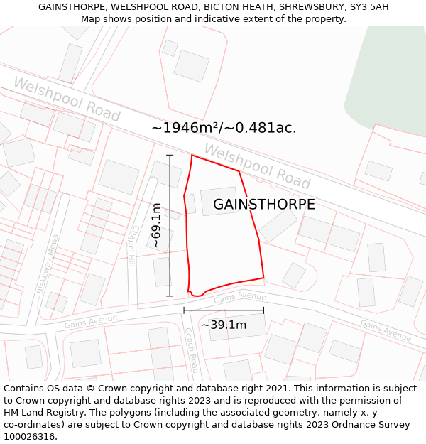 GAINSTHORPE, WELSHPOOL ROAD, BICTON HEATH, SHREWSBURY, SY3 5AH: Plot and title map