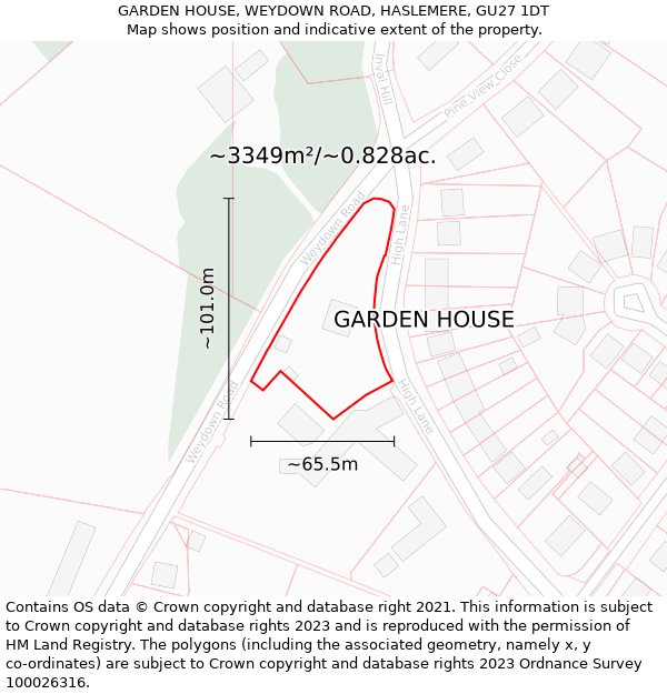 GARDEN HOUSE, WEYDOWN ROAD, HASLEMERE, GU27 1DT: Plot and title map