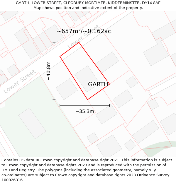 GARTH, LOWER STREET, CLEOBURY MORTIMER, KIDDERMINSTER, DY14 8AE: Plot and title map