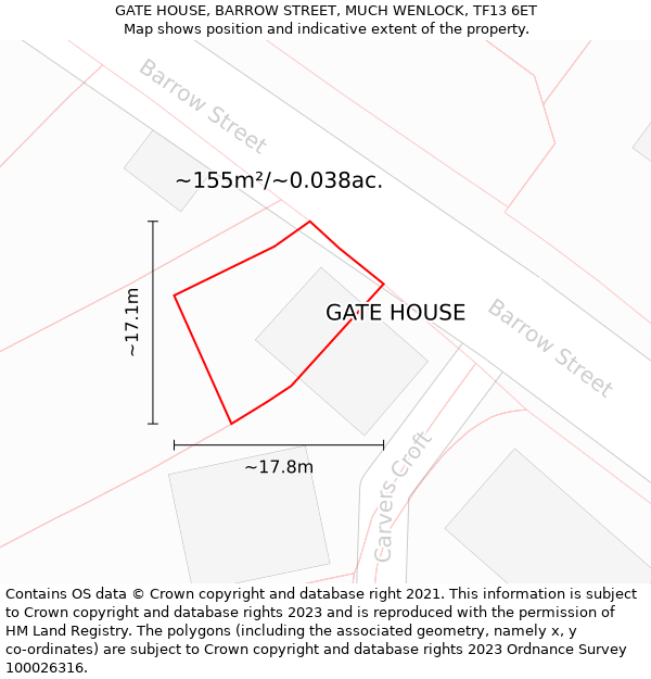 GATE HOUSE, BARROW STREET, MUCH WENLOCK, TF13 6ET: Plot and title map