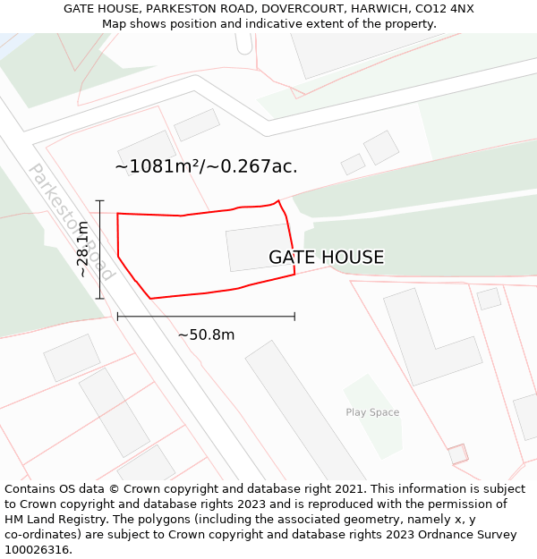 GATE HOUSE, PARKESTON ROAD, DOVERCOURT, HARWICH, CO12 4NX: Plot and title map