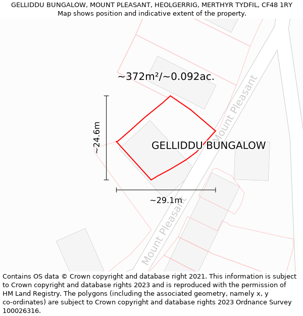 GELLIDDU BUNGALOW, MOUNT PLEASANT, HEOLGERRIG, MERTHYR TYDFIL, CF48 1RY: Plot and title map