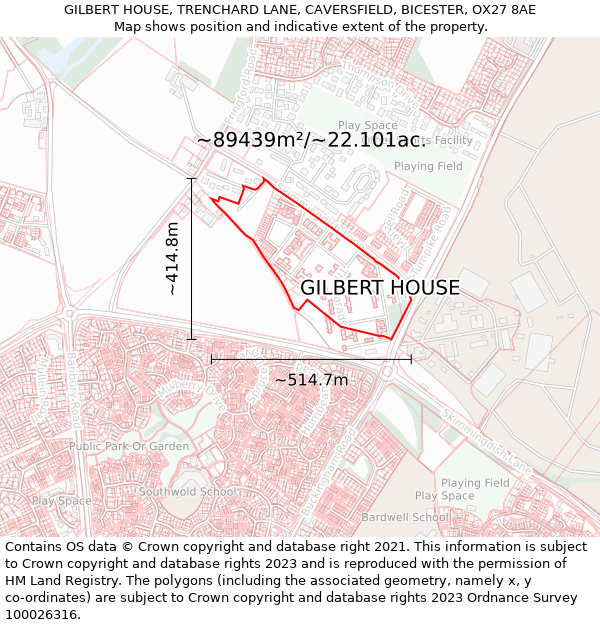 GILBERT HOUSE, TRENCHARD LANE, CAVERSFIELD, BICESTER, OX27 8AE: Plot and title map