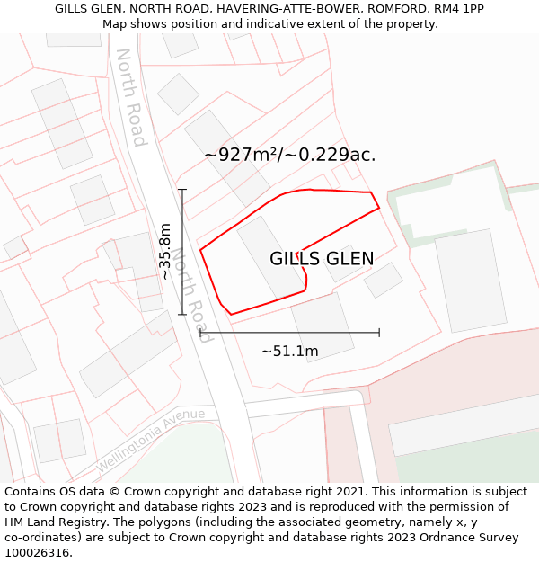 GILLS GLEN, NORTH ROAD, HAVERING-ATTE-BOWER, ROMFORD, RM4 1PP: Plot and title map