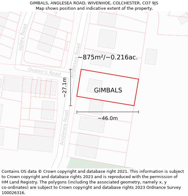GIMBALS, ANGLESEA ROAD, WIVENHOE, COLCHESTER, CO7 9JS: Plot and title map