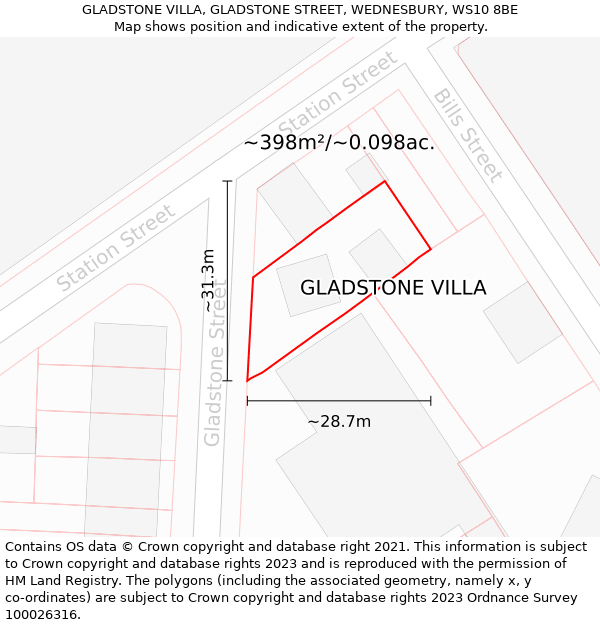 GLADSTONE VILLA, GLADSTONE STREET, WEDNESBURY, WS10 8BE: Plot and title map