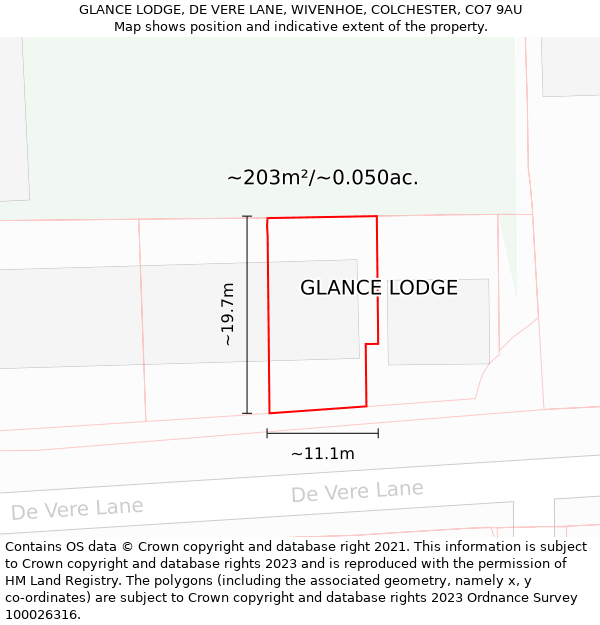 GLANCE LODGE, DE VERE LANE, WIVENHOE, COLCHESTER, CO7 9AU: Plot and title map